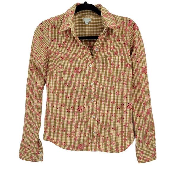 Odille Top Button Up Cottagecore Gingham Eyelet Floral Embroidered Mustard Sz 0 - Picture 1 of 9